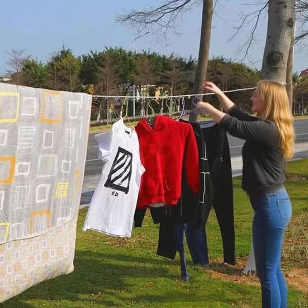 HASTHIP Clothes Drying Rope for Indoor and Outdoor Use with Metal Carabiners and Multi Hanger Loops 9.8 ft White Nylon | Windproof Design for Sheets Clothes and Bedding