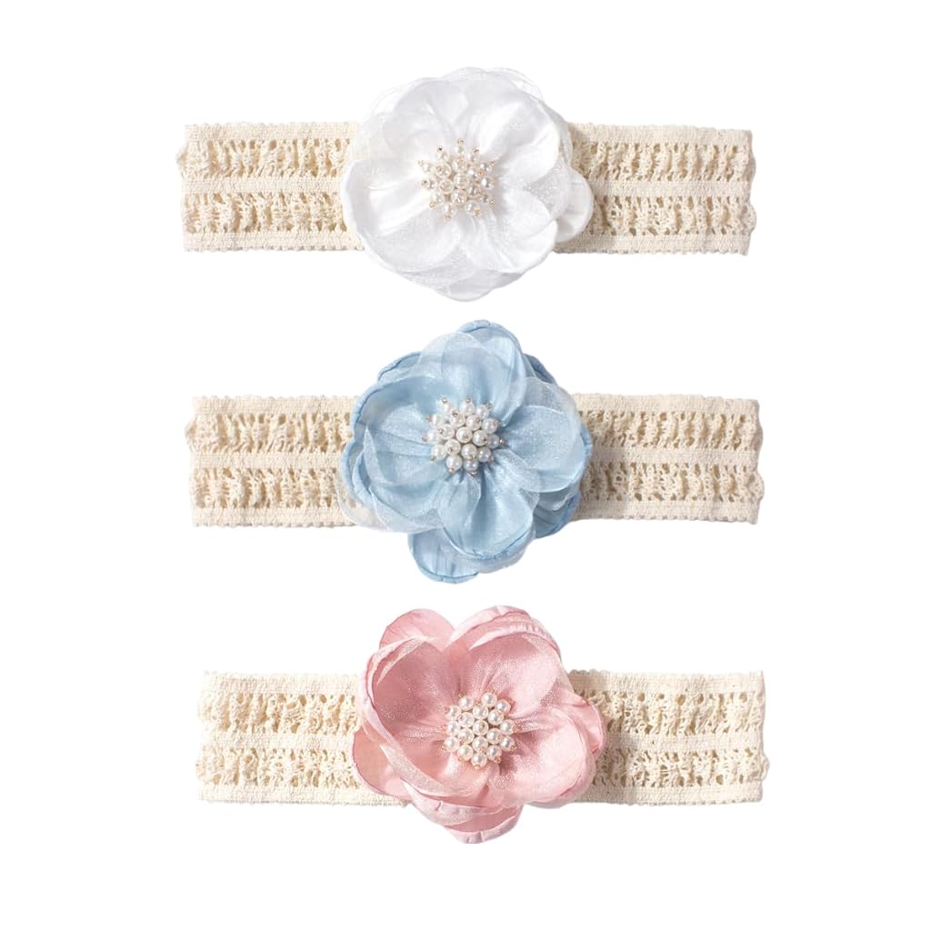 SNOWIE SOFT® 3Pcs Bow Hairband For Baby Girl,Lace Flower Headband For Baby Girl