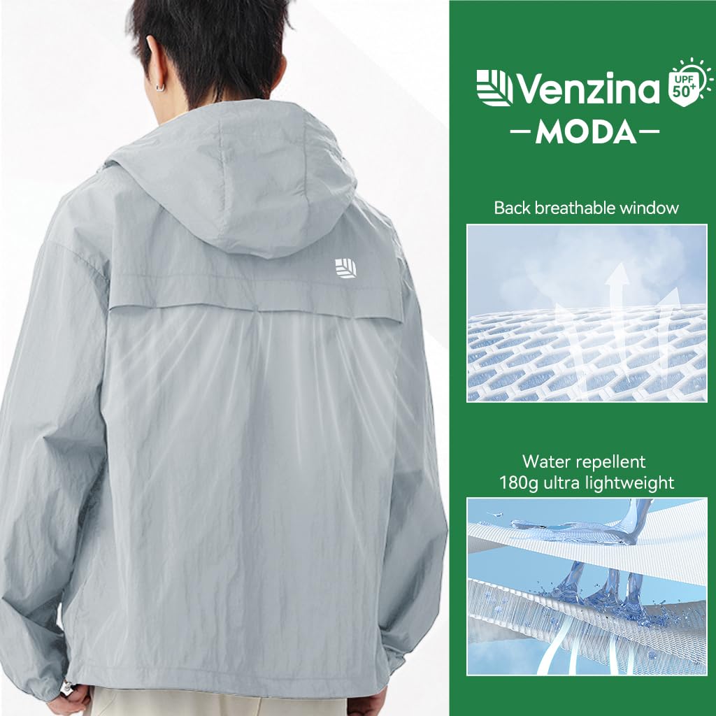 Venzina Men's Lightweight Athletic Jacket for Outdoor with UPF 50+ and Back Air Vent | Smoke Gray