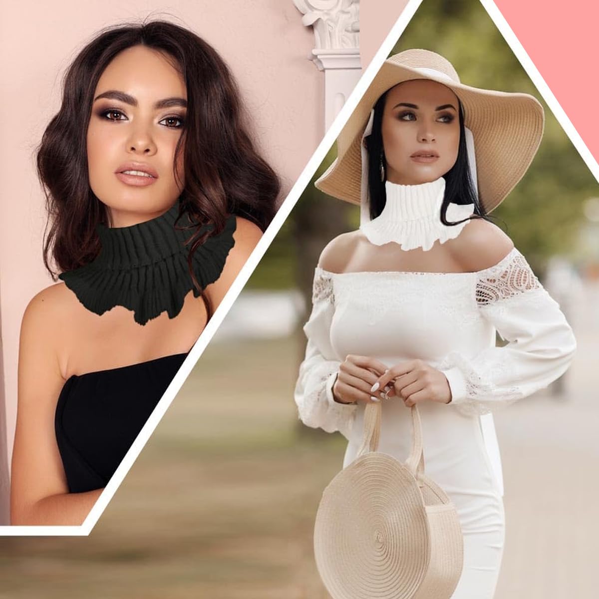 Venzina Knit Fake Turtleneck Collar for Layered Winter Style with Flounce Hem | 2pcs Black and White Acrylic Neck Warmer