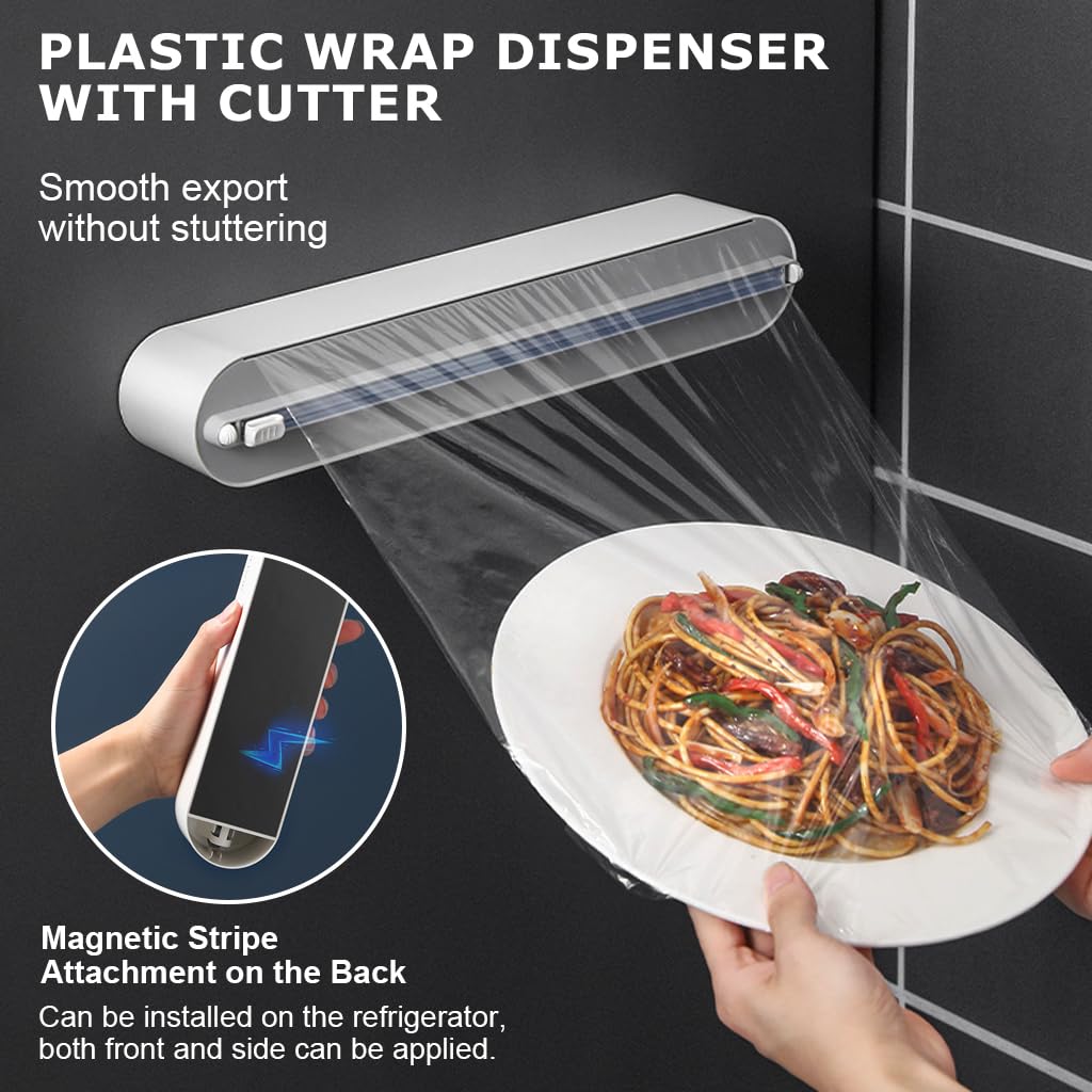 Supvox® Magnetic Plastic Wrap Dispenser with Integrated Smooth Sliding Cutter,  Refillable Cling Film, Aluminum Foil & Parchment Paper Dispenser, No Jam Plastic Wrap Dispenser, No Cling Film Includes