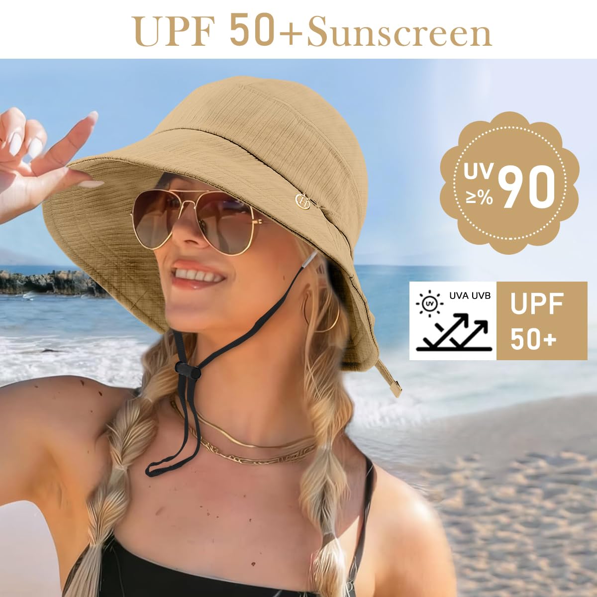SANNIDHI Bucket Hat for Women featuring Wide Brim Sun Protection and Adjustable Tie‑Back | Khaki Summer Beach Hat with Chin Strap