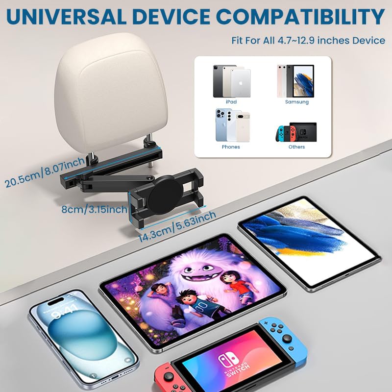 STHIRA® Tablet Holder for Car Headrest, [3 in 1 Adjustable Extension Arm] Car Mount for Back Seat, Road Trip Essentials for Kids, for 4.7-12.9