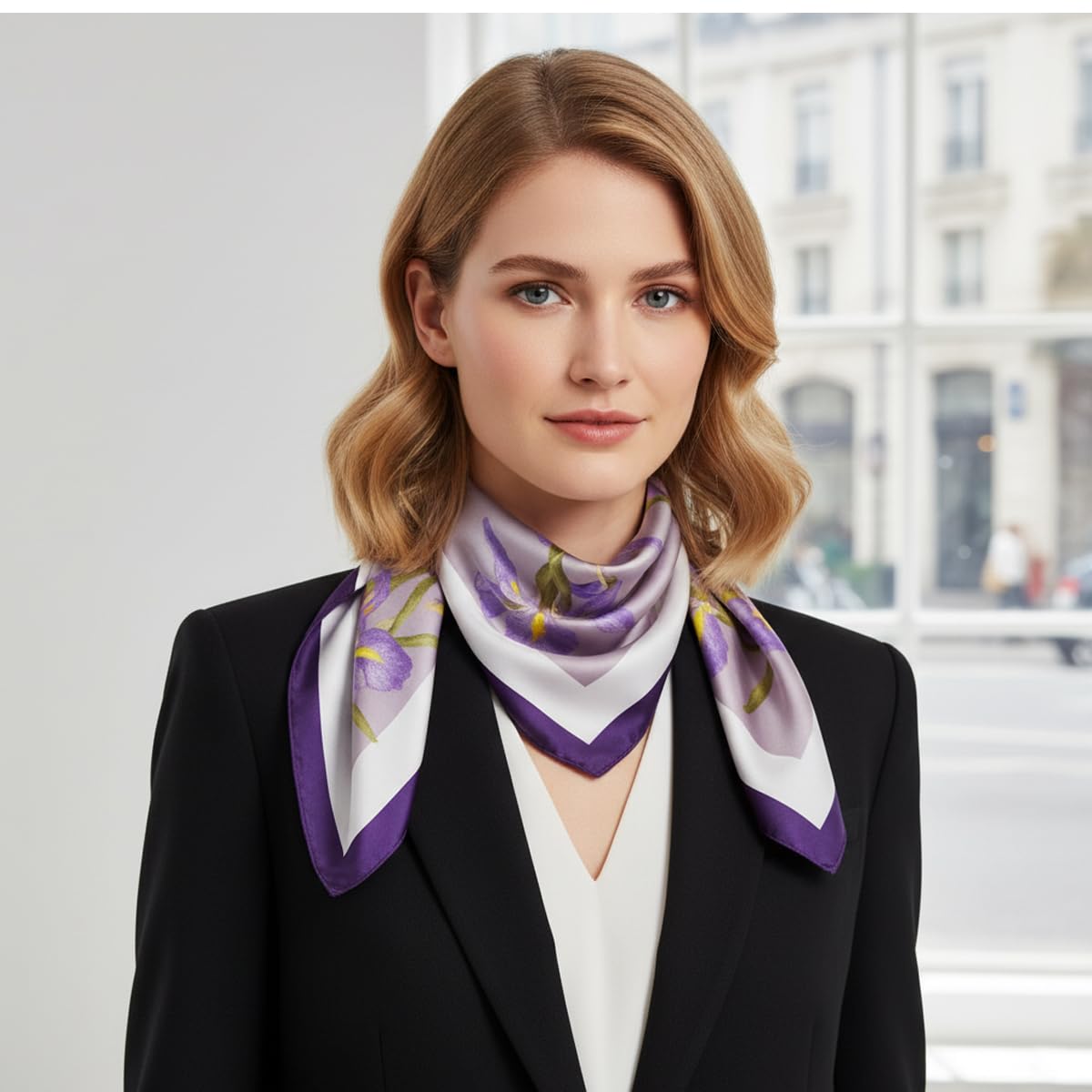 SANNIDHI Neck Scarf for Women featuring Purple Iris Floral Print and 27.5 in Square Design | Silk‑Like Lightweight Accessory