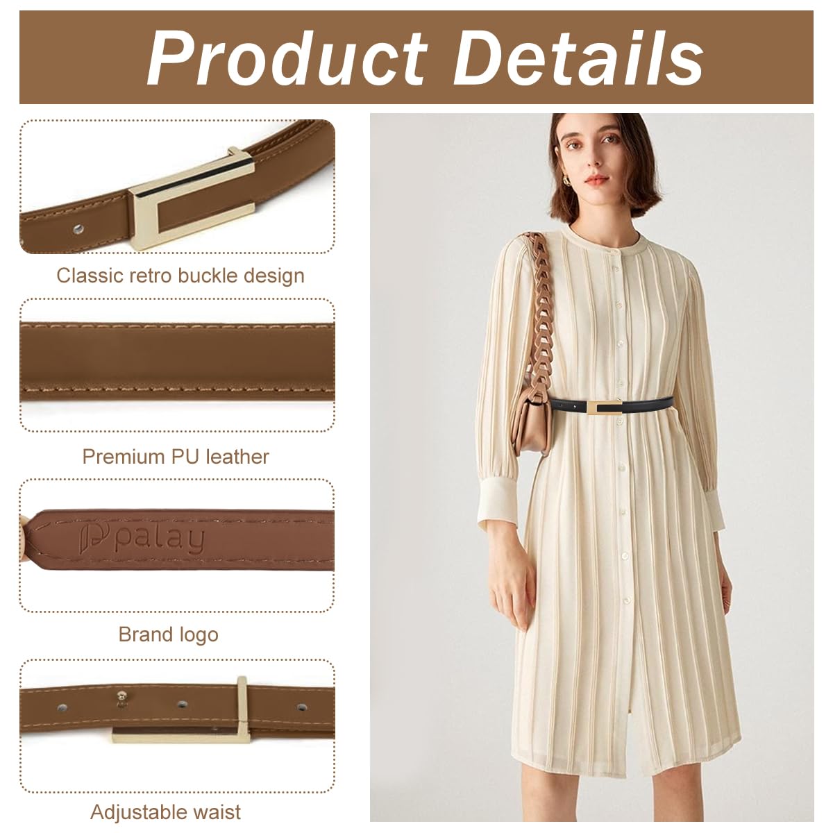 PALAY Women Belts for Jeans and Dresses featuring 40 in Adjustable Fit with Gold Buckle | Brown and Black PU Leather Waist Accessory