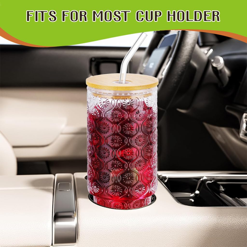 Supvox Drinking Glasses 11oz Set of 4 with Wooden Lids and Bent Straws | Vintage Textured Clear Design