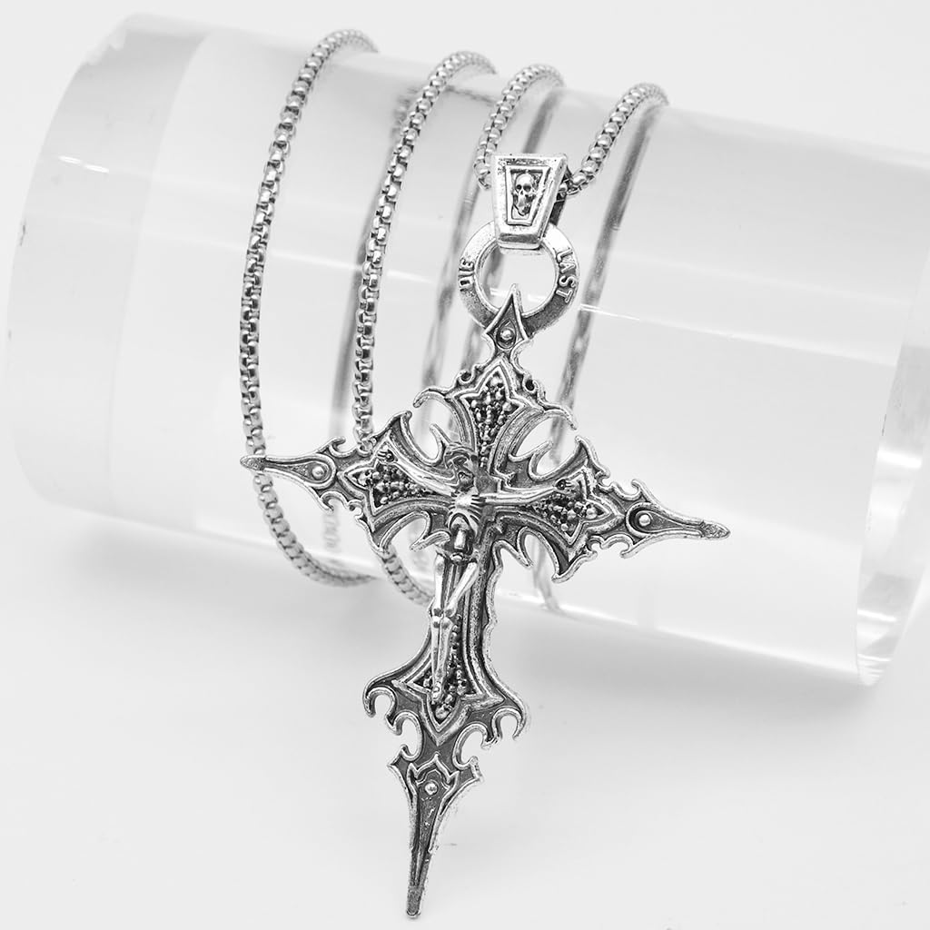 SANNIDHI Vintage Gothic Cross Skull Pendant Necklace featuring Flame Design for Men and Women | Stainless Steel Punk Jewelry Gift