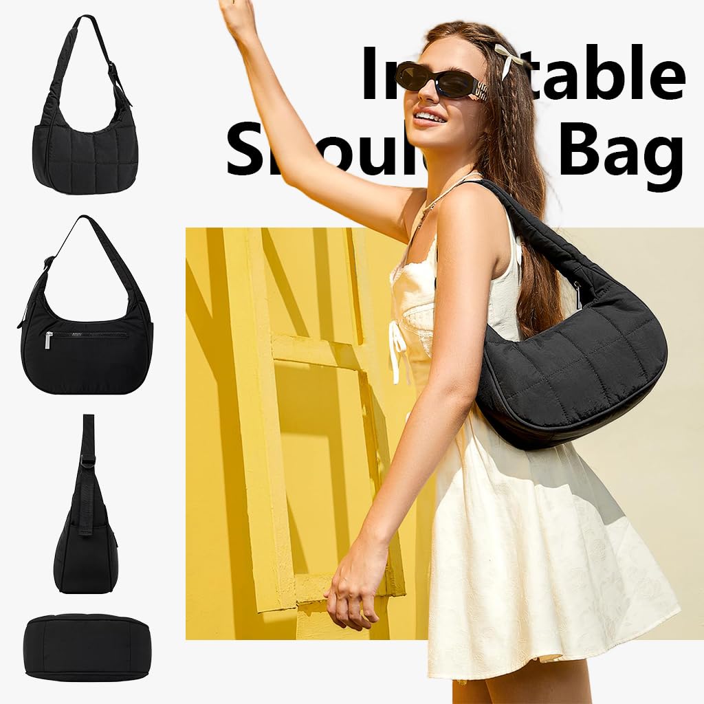 PALAY Shoulder Bag with Adjustable Patchwork Strap and Secure Zipper | 25 x 9 x 14 cm Black Nylon Quilted Crossbody for Women