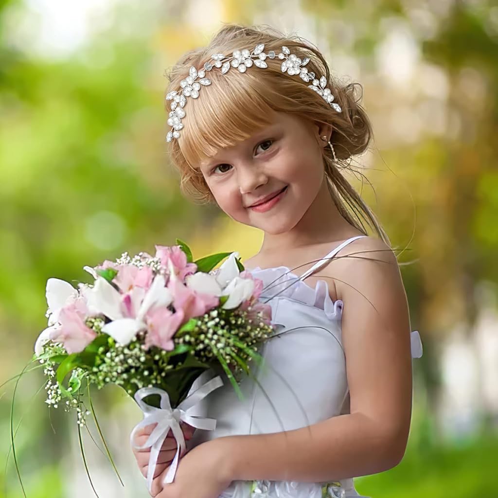 SANNIDHI Bridal Headband for Weddings with Pearl and Rhinestone Floral Design | Adjustable Ribbon Tie-Back