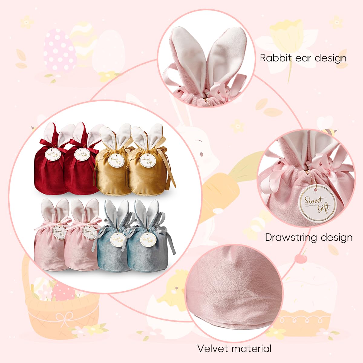 HASTHIP Gift Bags 8Pcs for Jewelry and Candy featuring Bunny Ear Drawstring Velvet 10x12.5cm