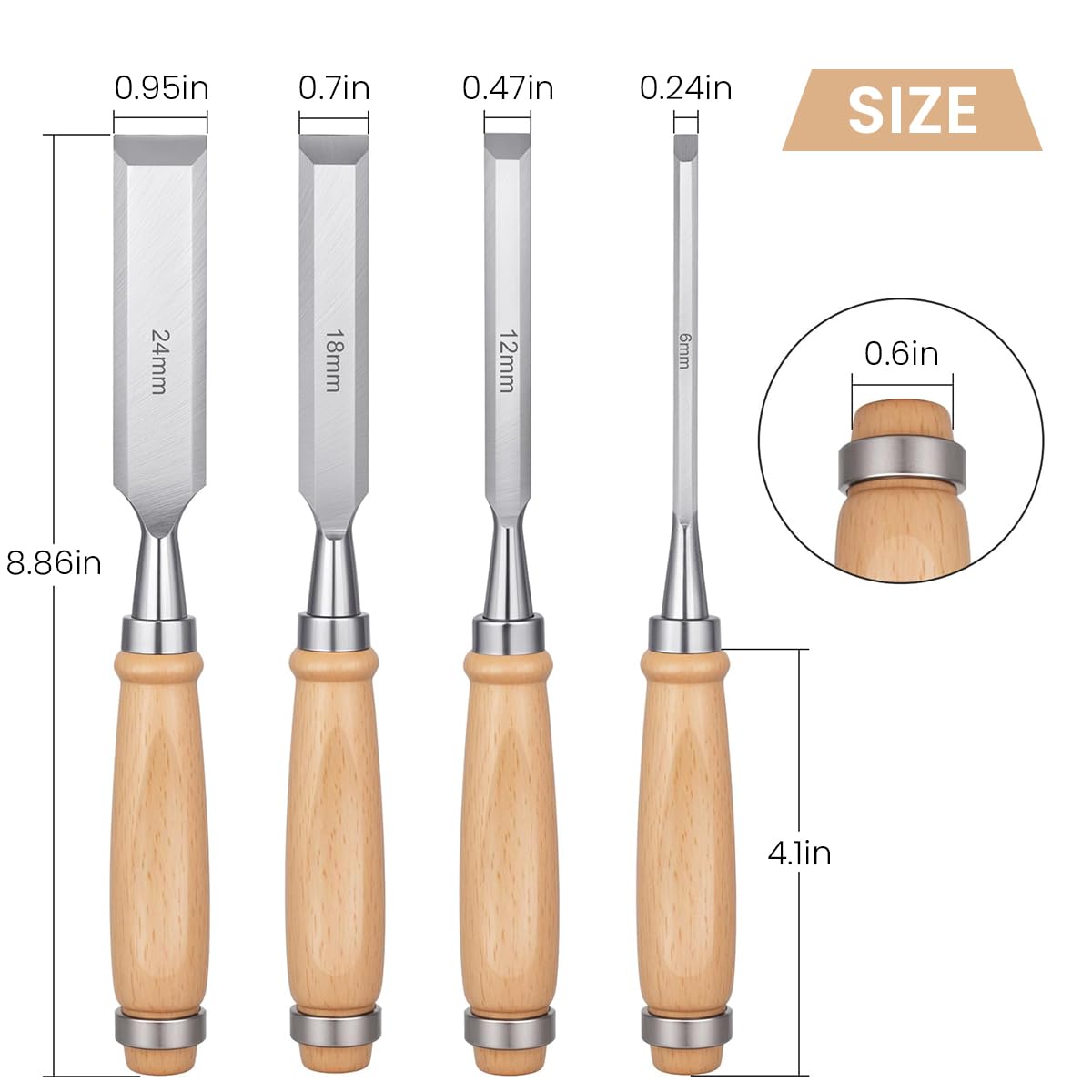 Serplex Bevel Edge Craft Chisel Set 4 PCS for Woodworking with Wooden Handles and Chrome Vanadium Steel Blades