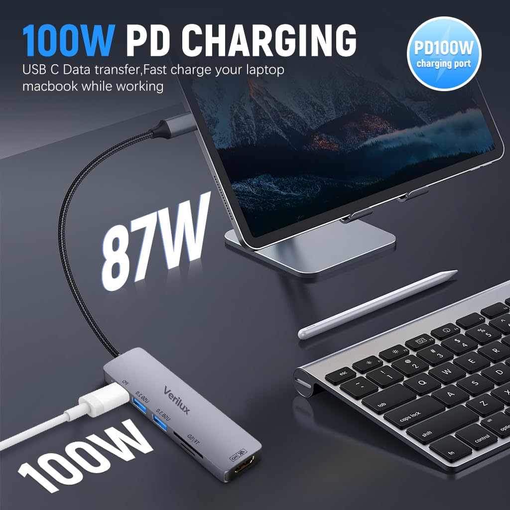 Verilux USB C Hub Adapter with 4K HDMI 30Hz and 100W PD Fast Charging | Dual USB 3.0 Ports