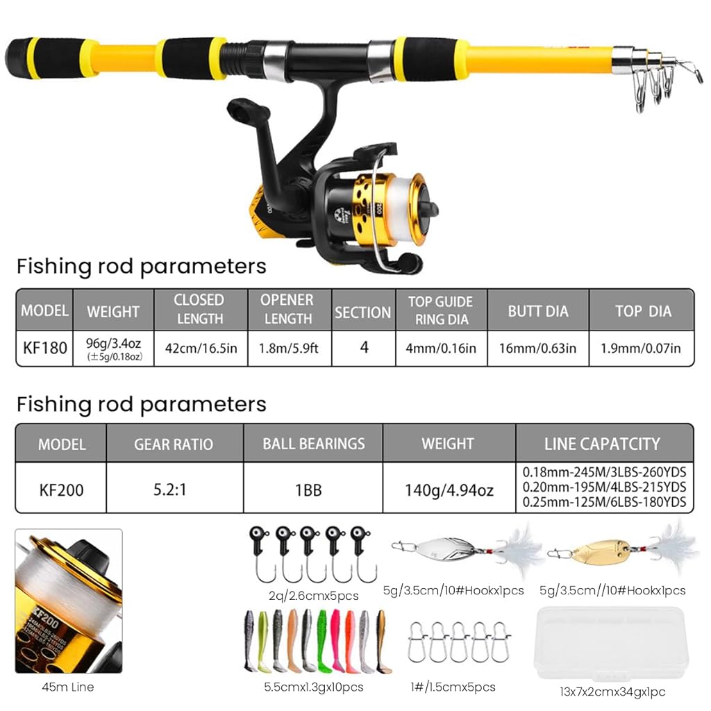 [Second-hand]Proberos@ 1.8M Portable Fishing Rod with Reel Carbon Fiber Telescopic Spinning Fishing Rod Bait Kit Lifelike Artificial Hooks Fishing Lures, Baits for Bass Pike Trout Salmon, Starter Fishing Rod Pack