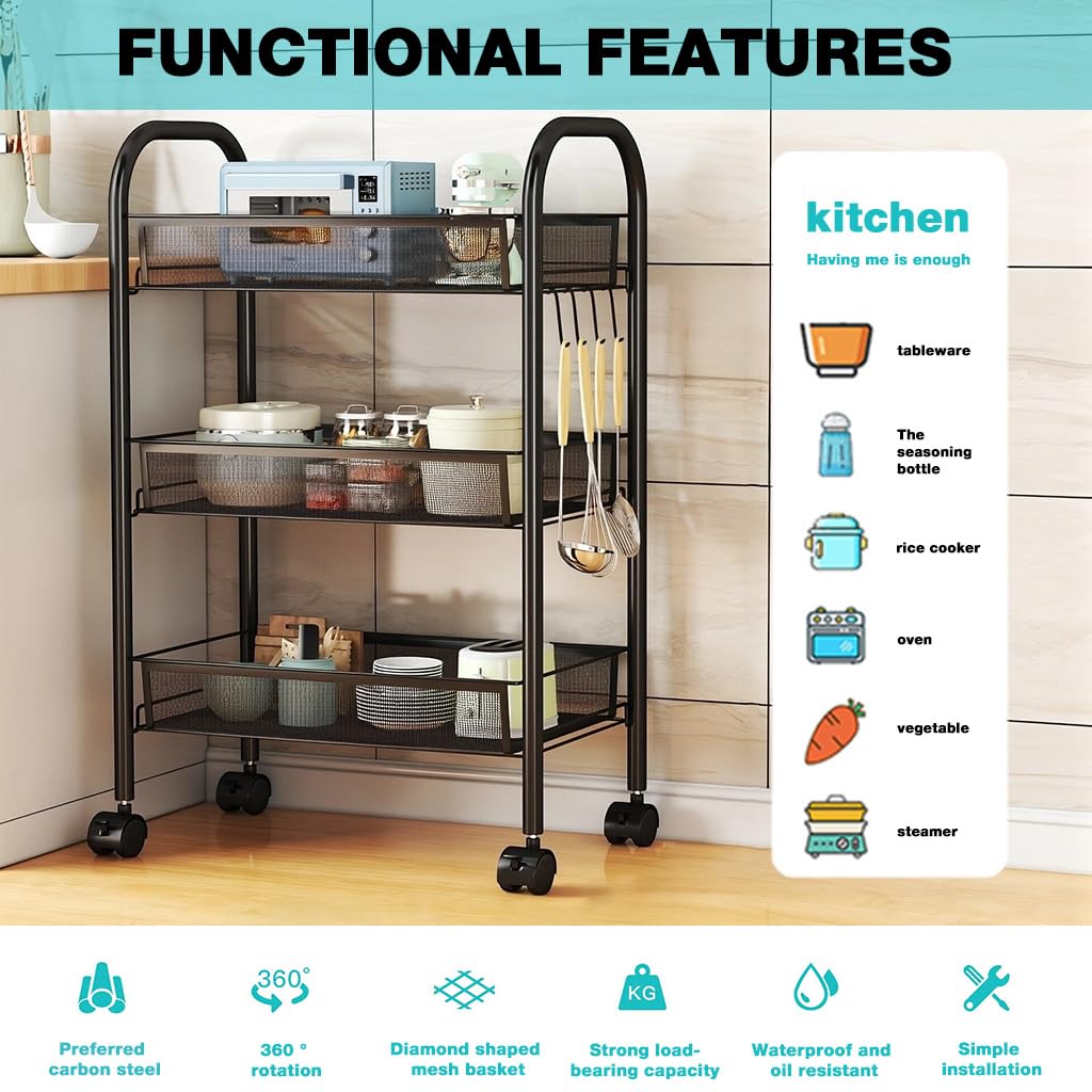 HASTHIP Multipurpose Kitchen Storage Rack for Home Organization with Adjustable Shelves 44x27x63cm featuring Smooth Caster Wheels