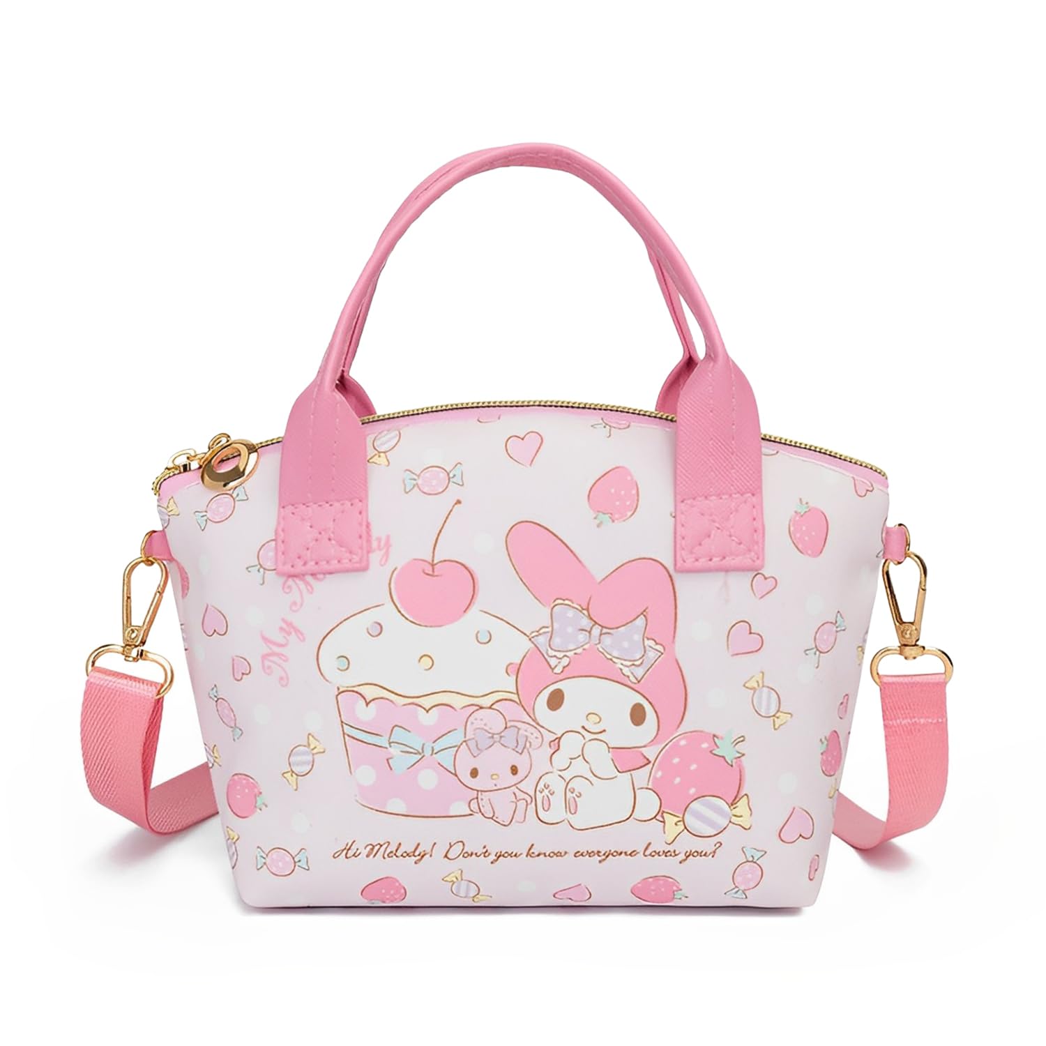 PALAY® Melody Hand Bag Kawaii Sanrio Small Tote Bag for Girls Pink Melody Shoulder Bag Small PU Tote Bag with Removable Shoulder Strap Crossbody Bag Christmas Gift for Girls Birdthday Gift, 16x7x22cm