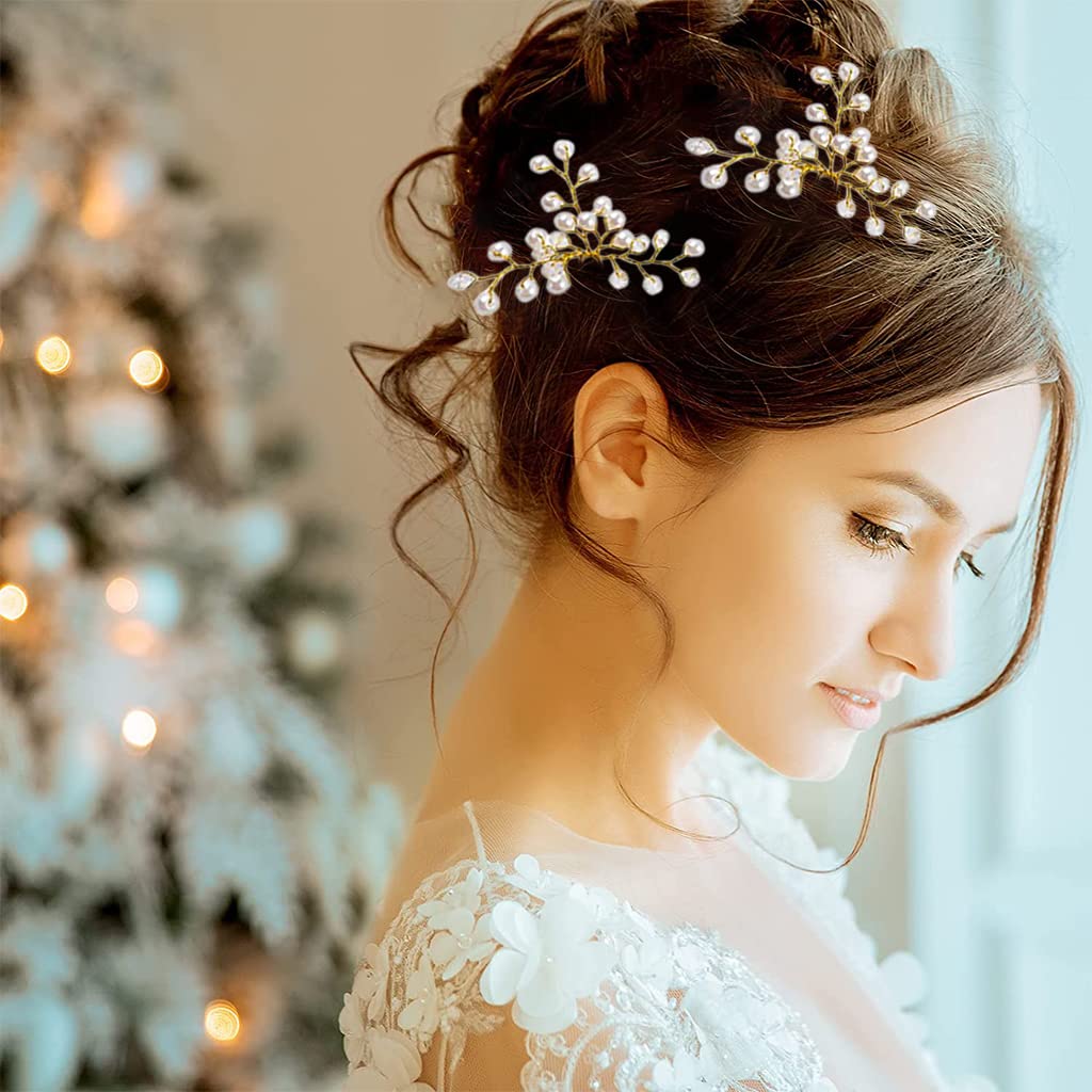 SNOWIE SOFT Bride Hair Pins for Wedding Hairstyles with Pearl and Crystal Design 5pcs Set Gold