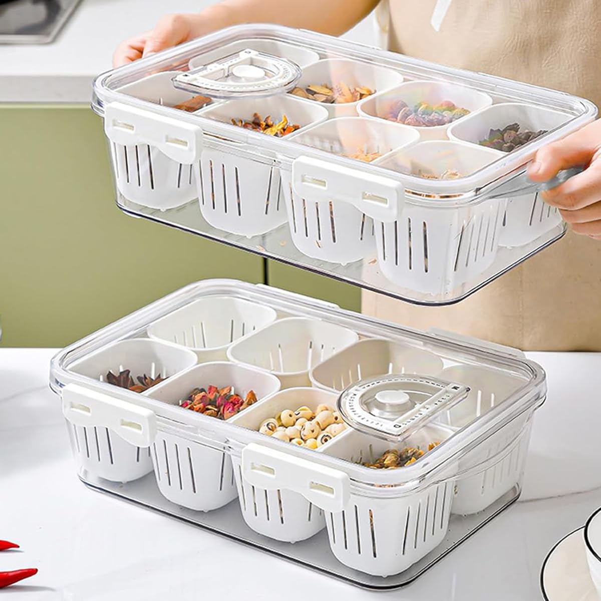 HASTHIP Dry Fruit Box for Snacks and Veggies with 8 Compartments and Draining Baskets | BPA-Free Storage Container