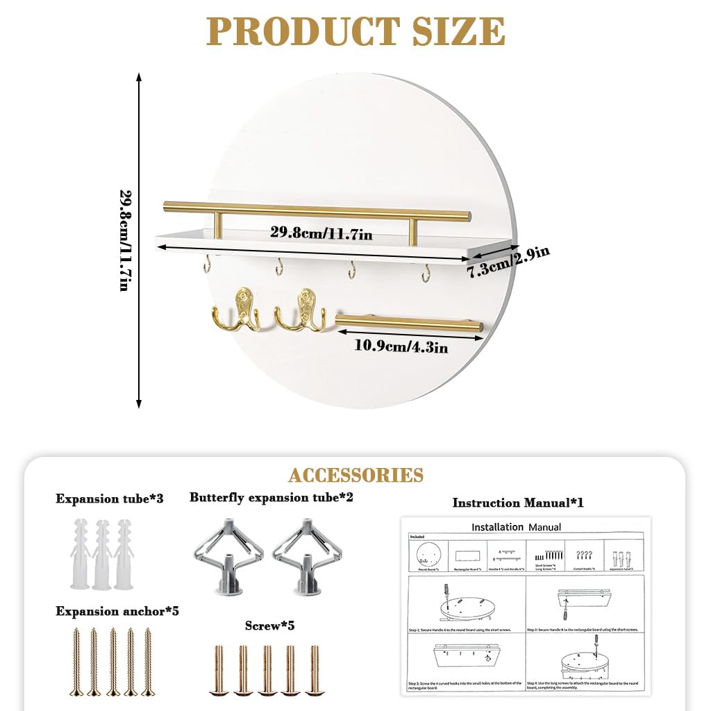 HASTHIP Wall Shelf for Entryway with Key Hook Rack and Sturdy Cross Bar Support | Modern Wooden Round Geometric Design