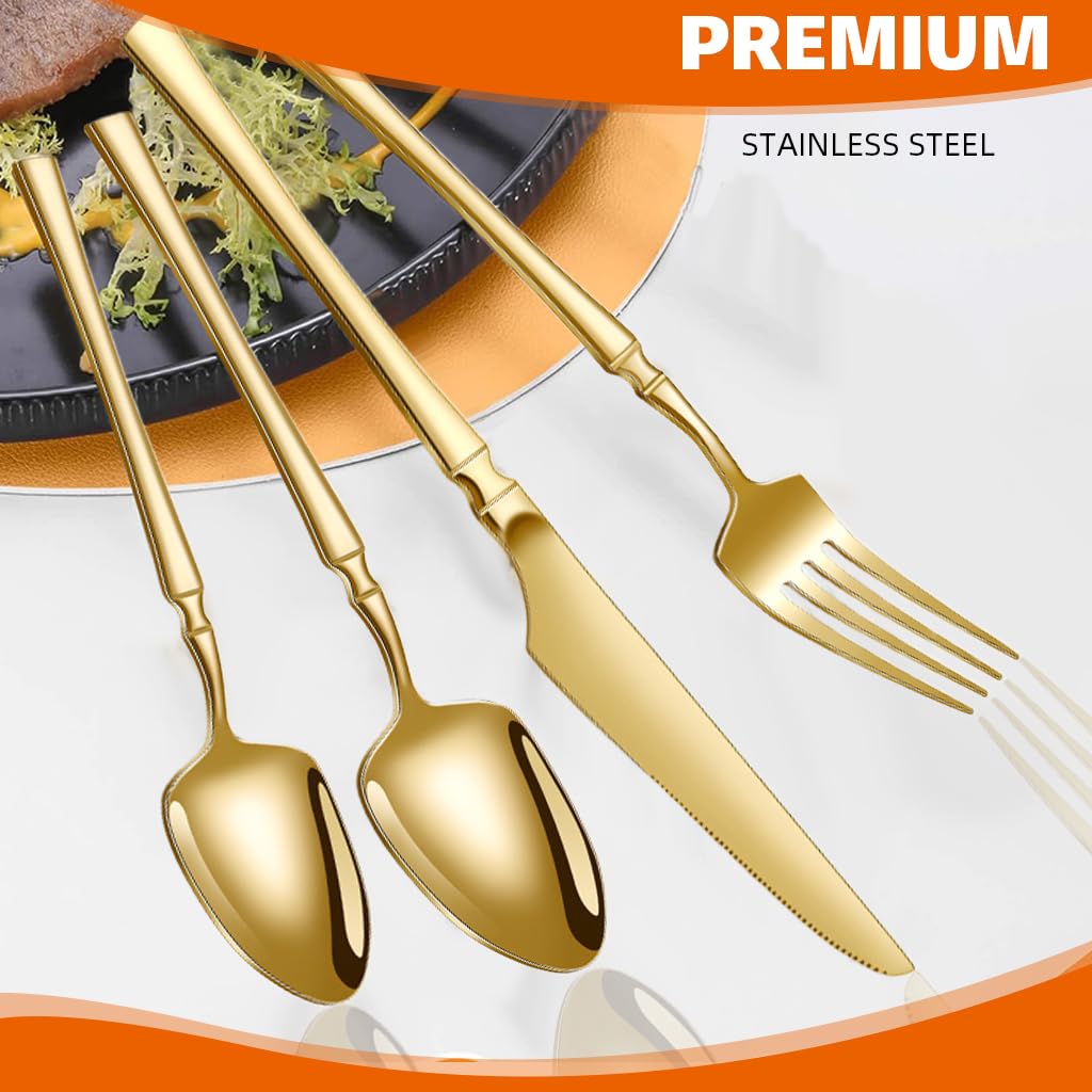 Supvox Cutlery Set for Dining Table with 24Pcs Stainless Steel & Golden Mirror Finish | Ergonomic Handle Gift Set