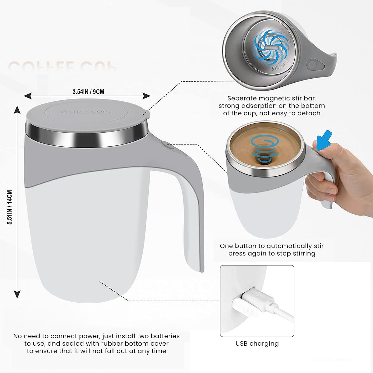 Supvox Self Stirring Mug for Coffee and Tea with 380ml Capacity featuring Magnet Auto Mixing and 304 Stainless Steel | USB Rechargeable Cup