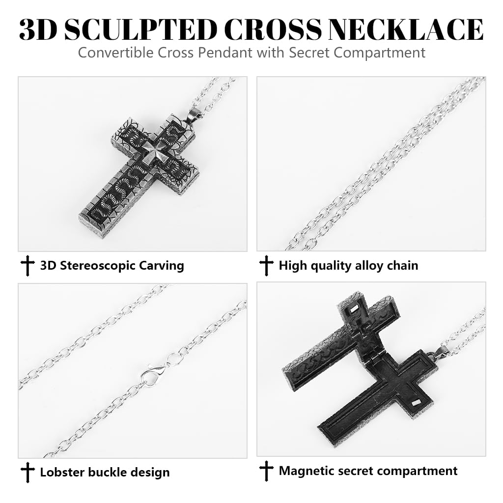 PROBEROS Cross Necklace with Secret Compartment Featuring 3D Carving Metal Design for Men