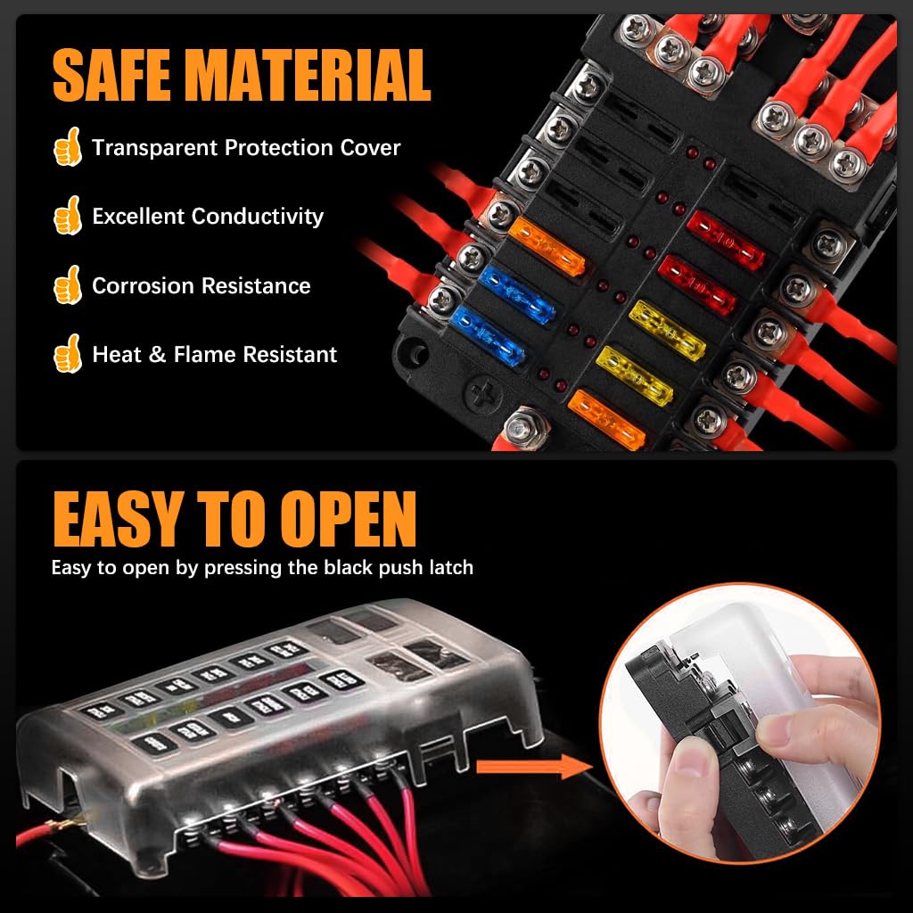 STHIRA HIRA 12V Car Fuse Box Kit for Auto Truck and Boat with 12 Way LED Indicator | Waterproof Compact Design