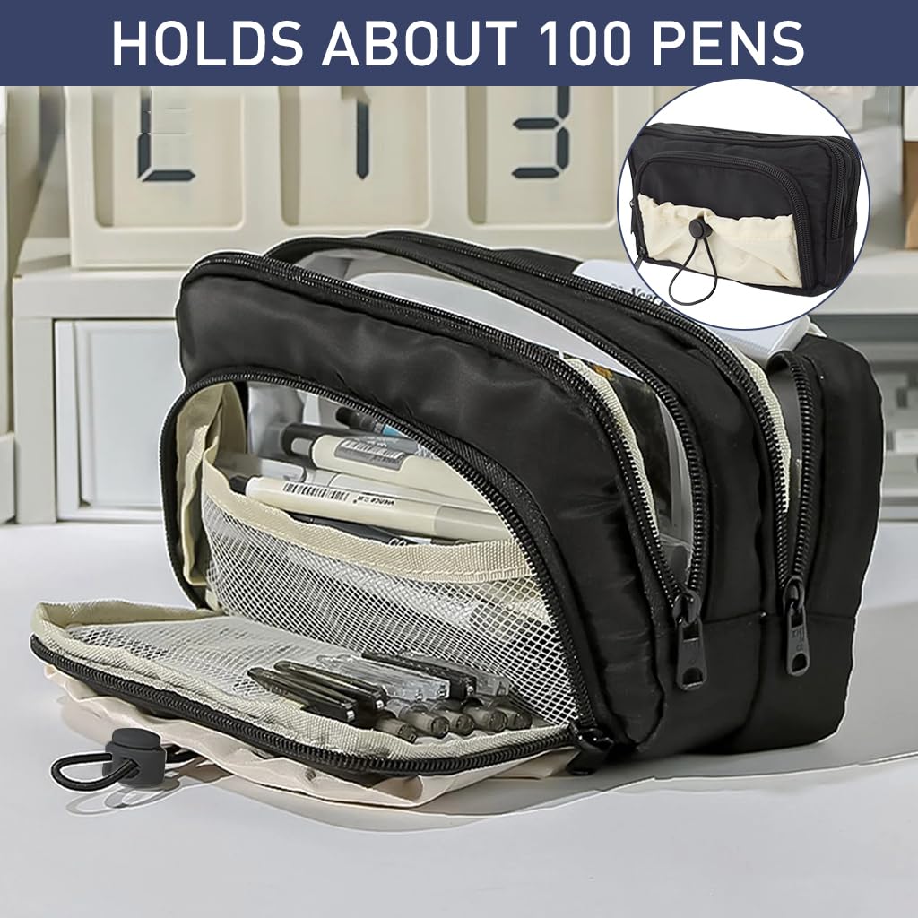ZIBUYU Large Capacity Pencil Case, Pen Bags Pencil Pouch Organizer for Office College School Black
