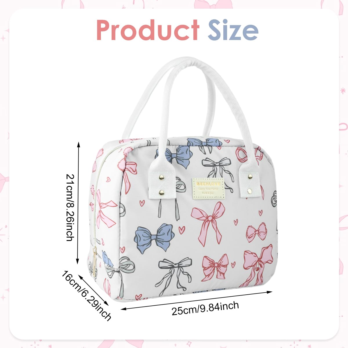 HASTHIP Insulated Lunch Tote Bag for Work and Picnic featuring Ribbon Bow Print 25x15.5x21cm