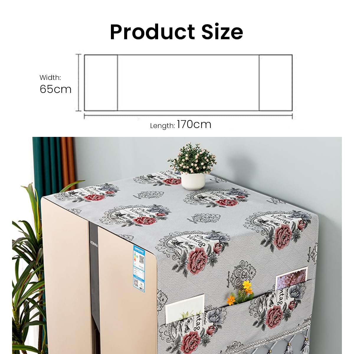 HASTHIP® 1Pcs Fridge Cover Floral Tassel Print Refrigerator Dust Cover with Pockets, 26.3x55 Inches Polyester Dust Cover Kitchen Refrigerator Cover for Side-by-Side Refrigerator