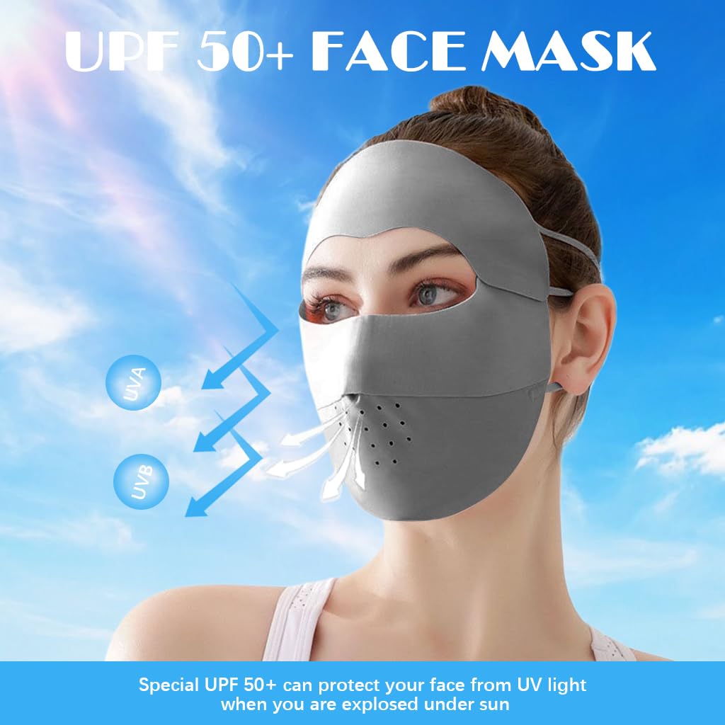 Venzina® Face Mask Sun Protection Mask, UPF 50+ Full Face Cover for Women, Ice Silk Sun Protection Face Mask, Fashion Breathable Cooling Biker UV Face Mask with Removable Forehead Piece (Grey)