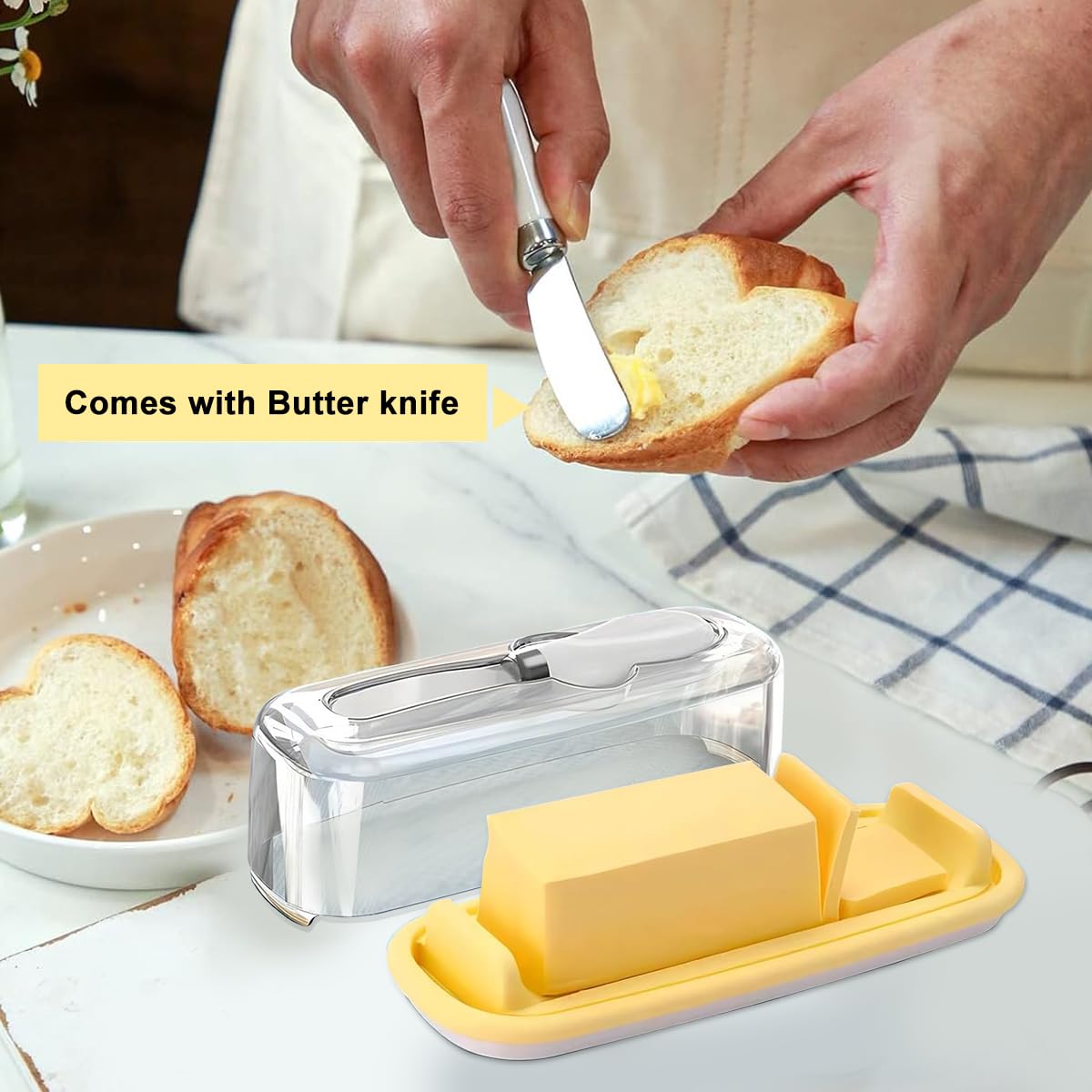 HASTHIP® Butter Dish with Lid, Covered Butter Dish with Butter Knife for Countertop, Airtight Butter Container with Cover Perfect for East West Coast Butter