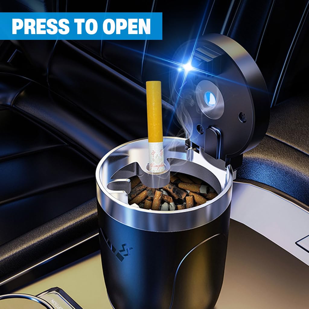 STHIRA Car Ashtray for Auto and Home with One Touch Flip Lid and Built In Light | Metal Alloy Lined Anti Odor Design