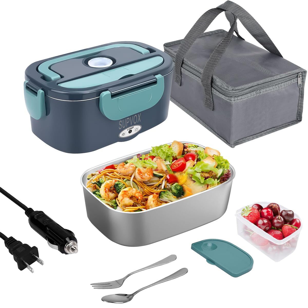 Supvox® Electric Lunch Box Food Warmer Lunch Box Portable Heating Lunch Box for Car Lunch Box Warmer with 1.5L Stainless Steel Bowl, Spoon & Fork Set Insulation Heat Lunch Box with Storage Bag