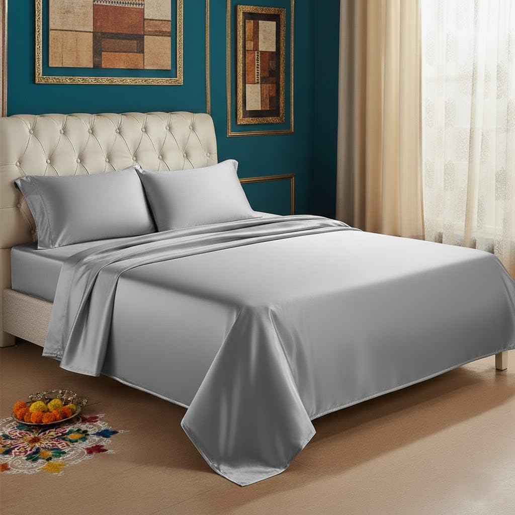HASTHIP Satin Bedsheet King Size with 2 Pillow Covers featuring 450TC Fabric 270cm x 246cm Grey