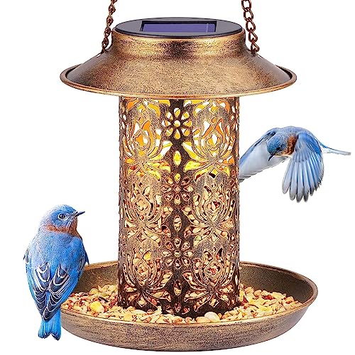 HASTHIP® Solar Bird Feeder Garden Bird Feeder Lantern Outdoor Waterproof Hanging Bird Feeder Metal Hollowed Out Warm Light Bird Feeder for Garden, Patio