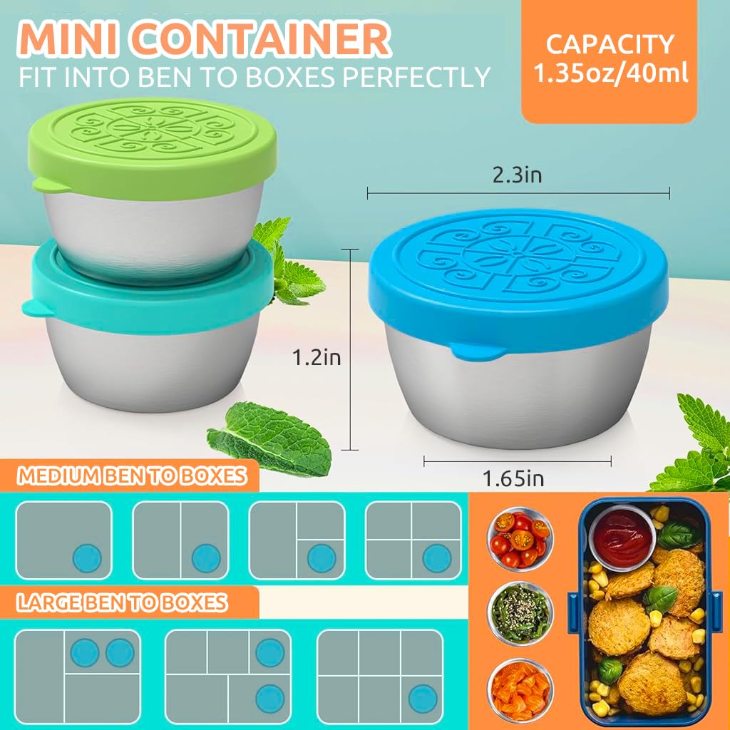 HASTHIP Small Condiment Containers for Salad Dressings featuring Leakproof Silicone Lids and Reusable Stainless Steel Cups 6 Pack 40ml