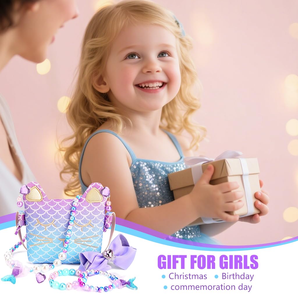 PATPAT Purse for Girls with Mermaid Jewelry Set featuring Sling Bag and Cat Design | Gift for Ages 3–10