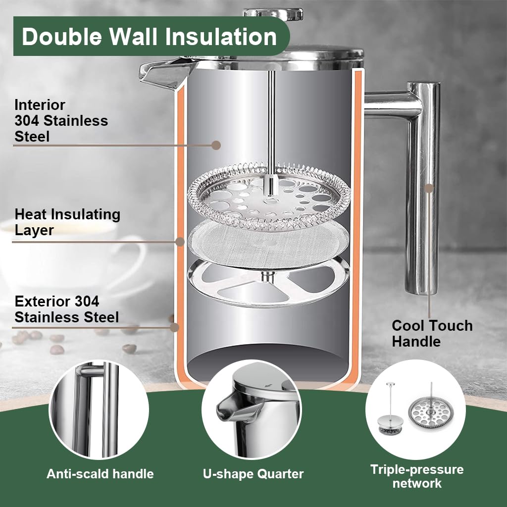 Supvox French Press Coffee Maker 600ML with 4 Level Filtration and 304 Stainless Steel | Hot and Cold Brew
