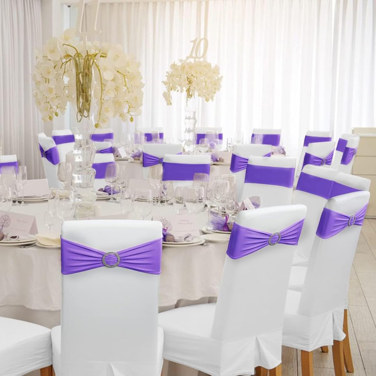 HASTHIP® 20Pack Chair Sashes Chair Bows Stretch Chair Sashes Spandex Chair Cover Band with Buckle for Wedding Hotel Banquet Birthday Party Home Decorations, Purple