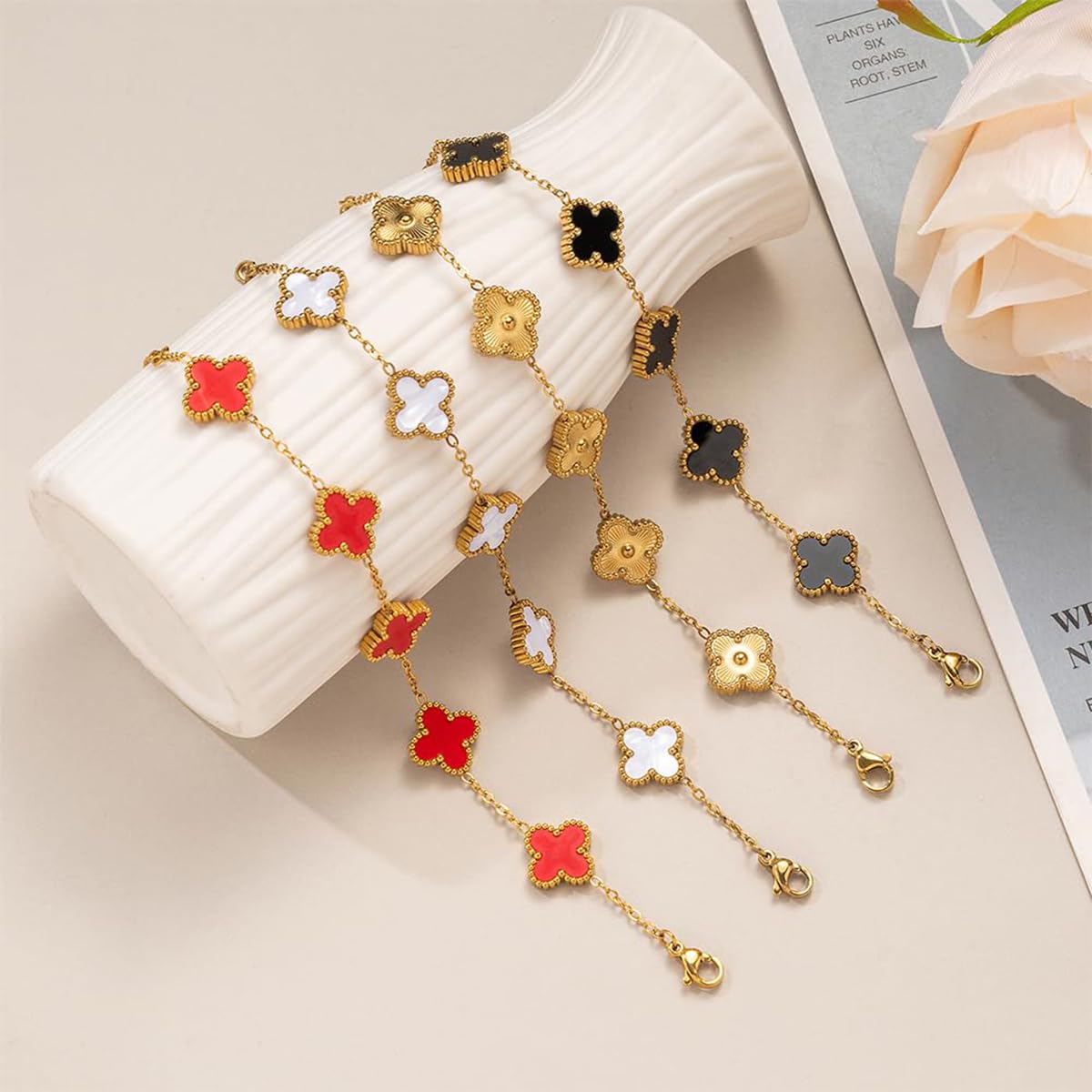 Brand Four Leaf Clover Bracelet for Women with 6.41+1.9 in Adjustable Chain | 18K Gold Plated Stainless Steel Lucky Charm Jewelry