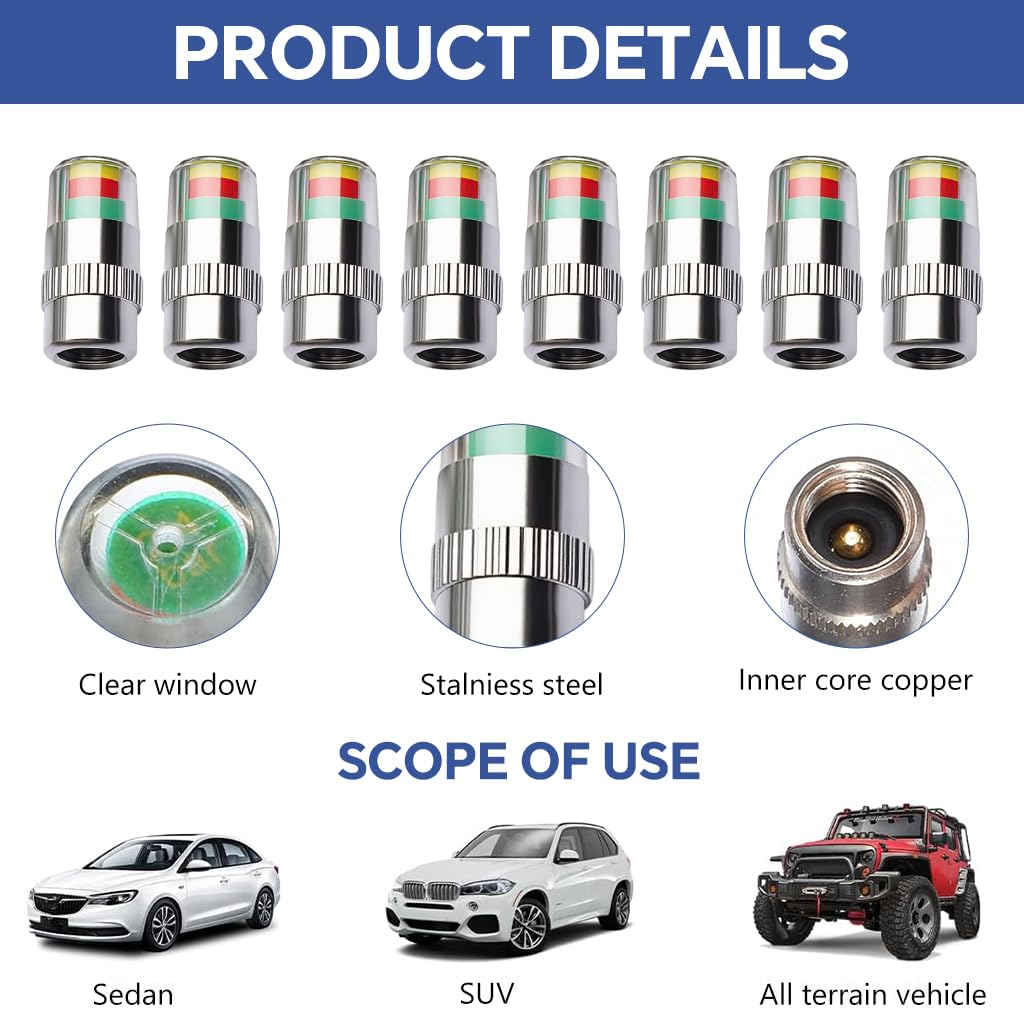 ZIBUYU Car Tire Pressure Monitor Valve Stem Caps Sensor Indicator Set 8 pcs for Vehicles