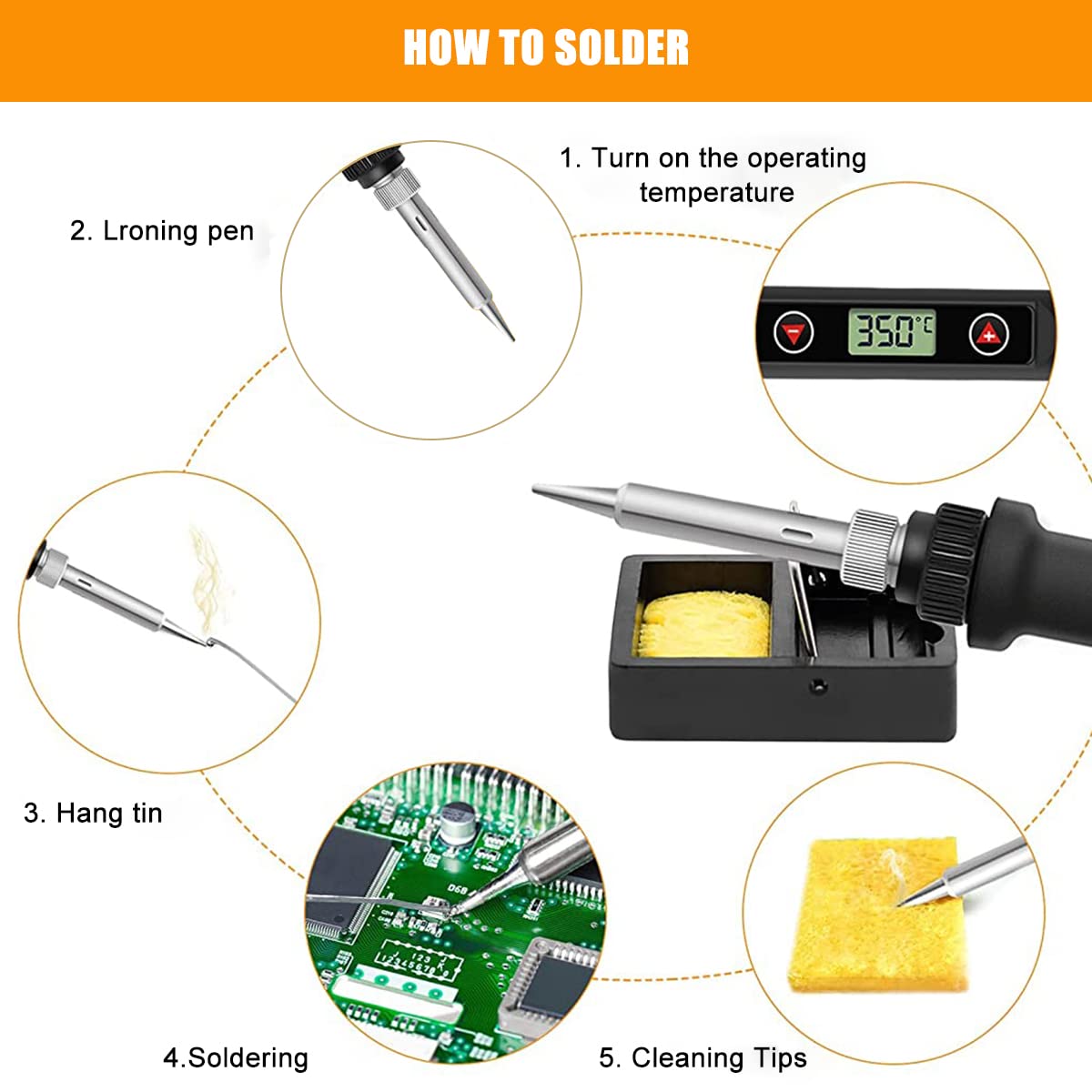 Soldering Iron Kit for DIY Repair Work with LCD Display and 80W Adjustable 200–500°C Heating | Includes 5 Tips