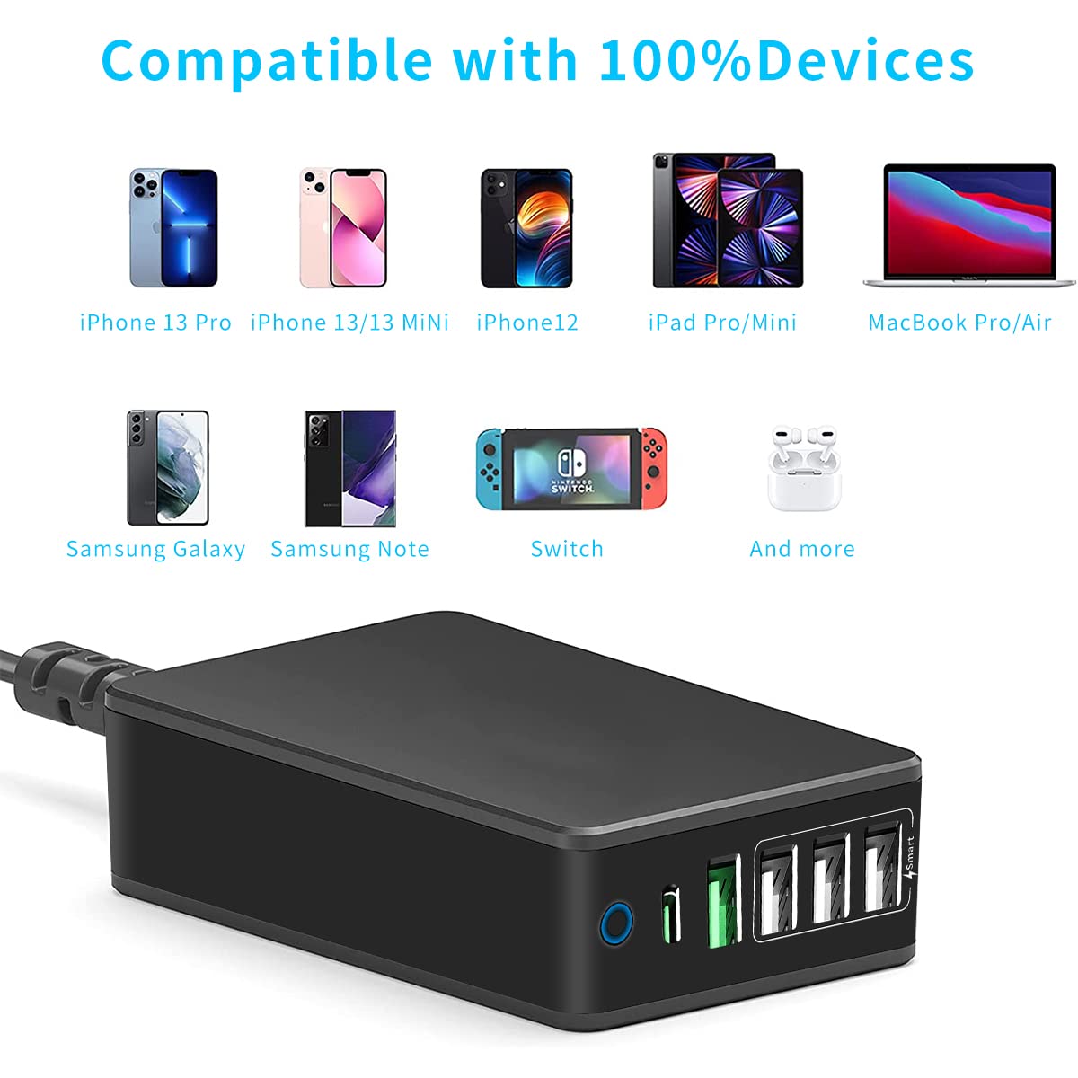 Verilux® 60W Fast Charger, 20W PD Charger & 4 Smart Fast Charging USB Ports, 5 in 1 Multi Charger Charging Station, Multi USB PD Charger for Phones, Smartwatches, Tablets, MacBook, iPad (Cable 5.3Ft)