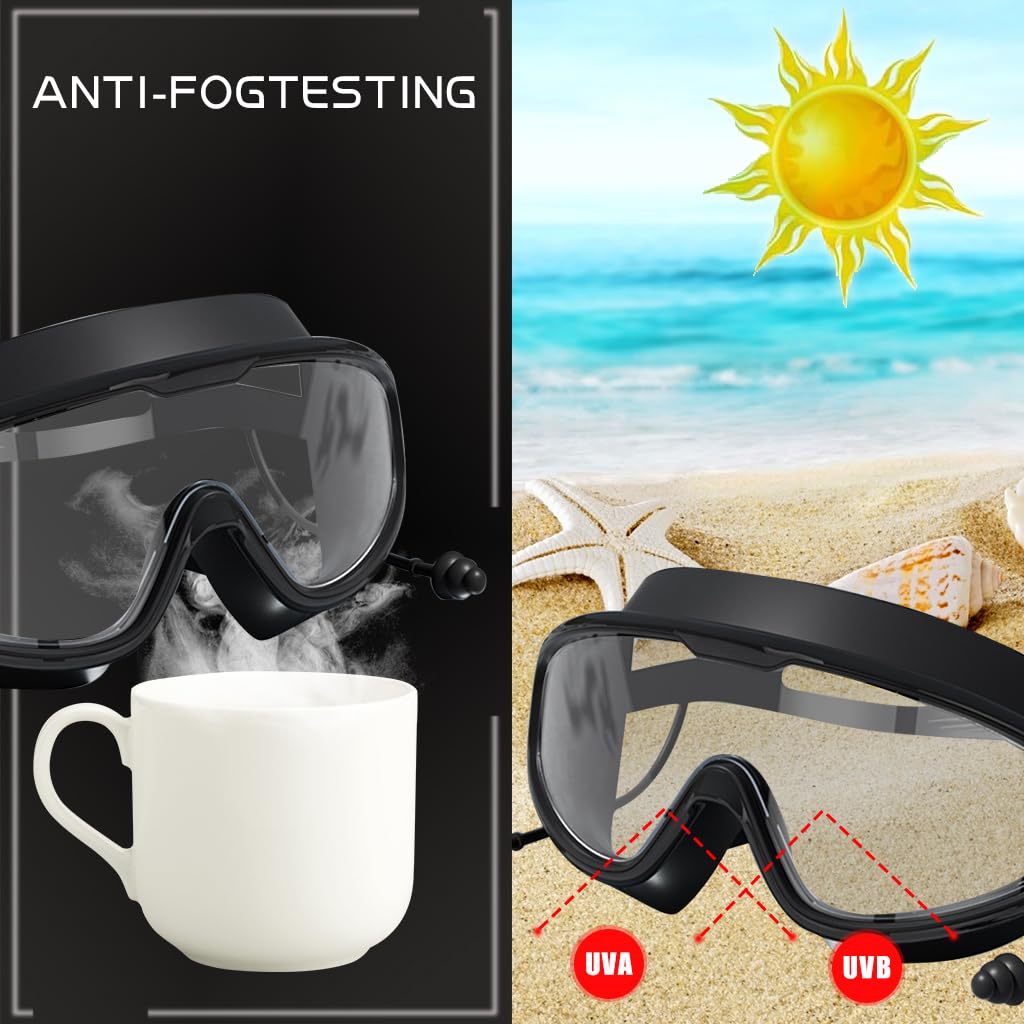 Proberos Swim Goggles for Adults with Integrated Ear Plugs and Anti Fog Lens | Black
