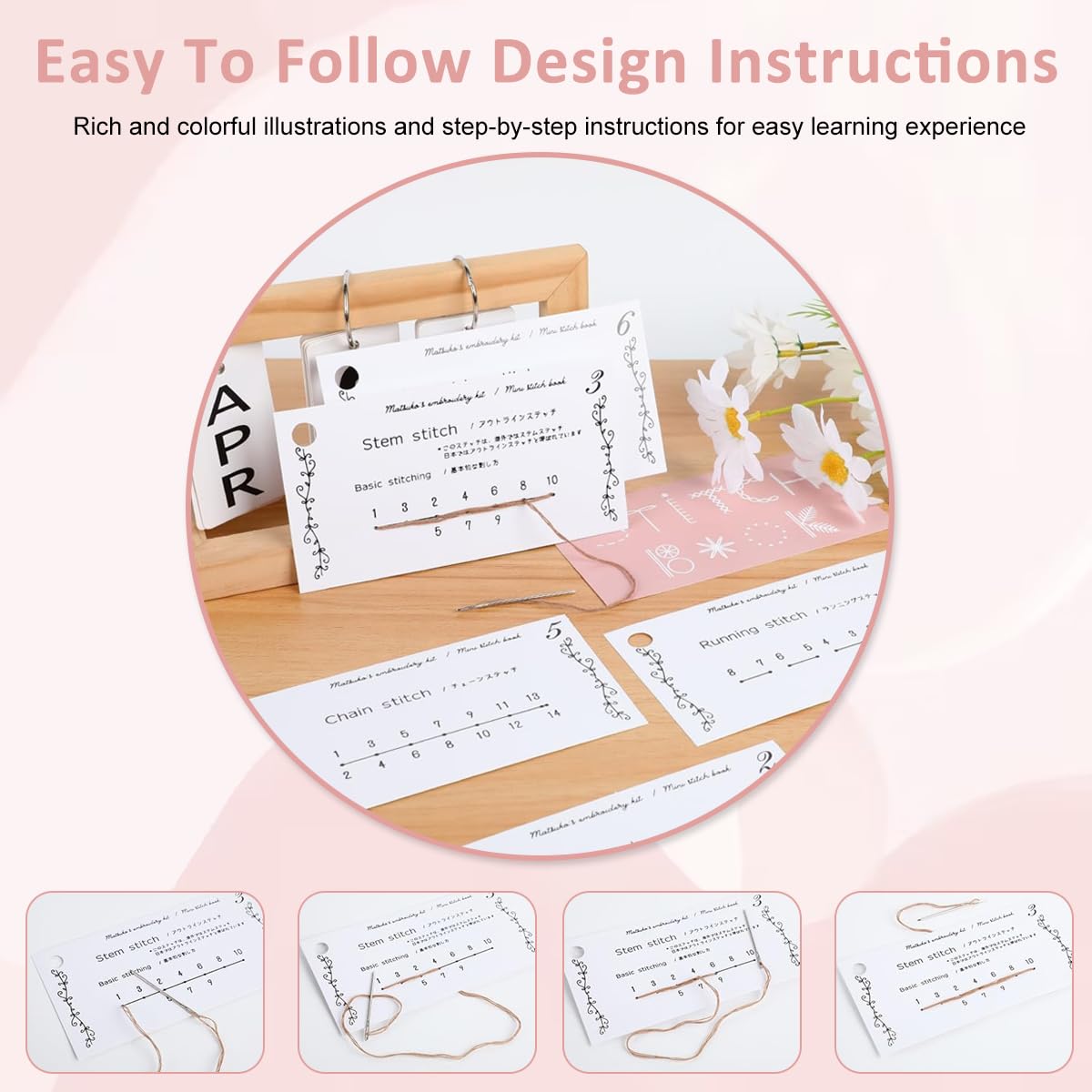 PATPAT Embroidery Stitch Guide Brochure for Beginners with Needles and Threads | Portable DIY Sewing Practice Book