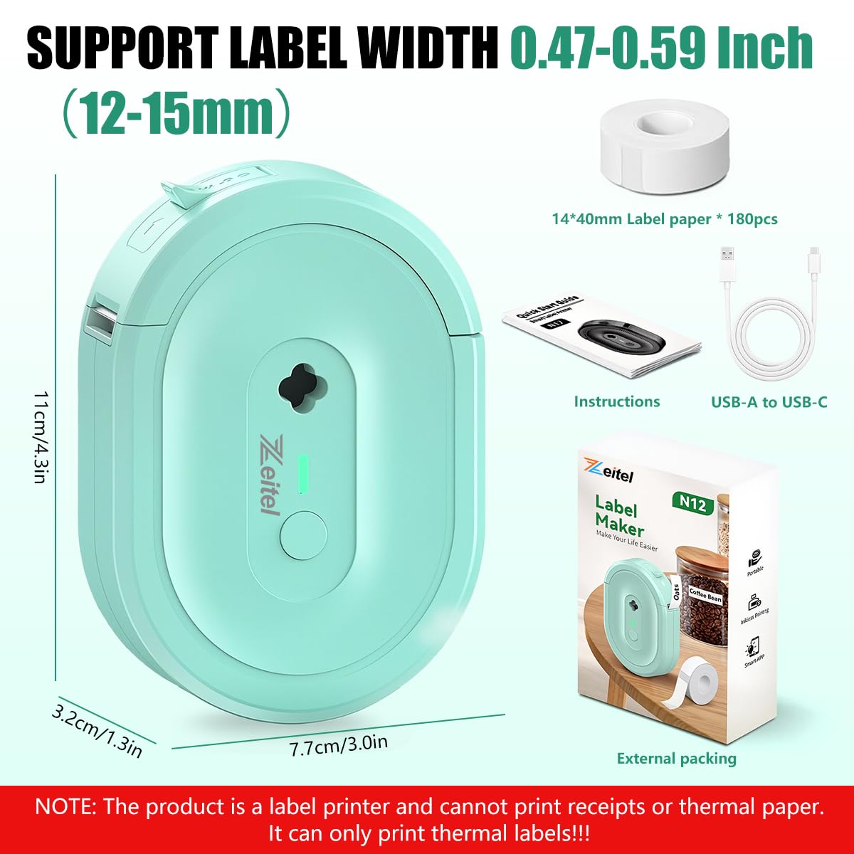 ZEITEL Portable Mini Label Printer for Home and Office with 203DPI Thermal Printing | Bluetooth Inkless Pocket Label Maker