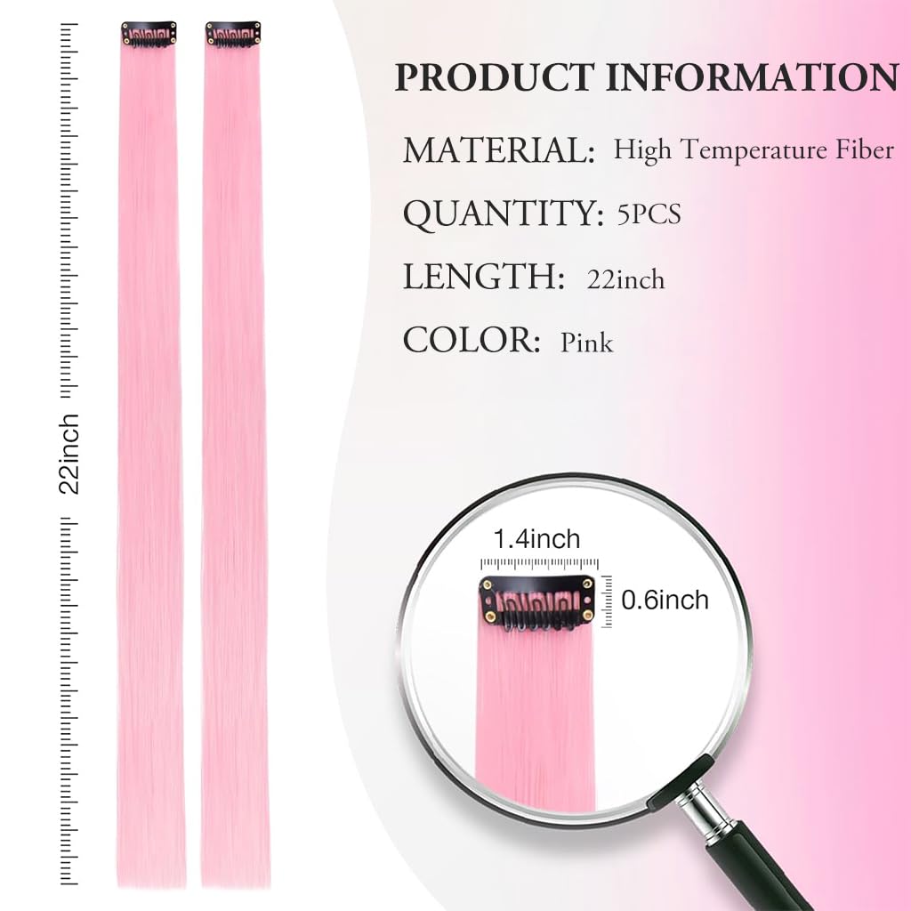 ZIBUYU 5 Pcs Pink Hair Extensions Clip in Hairpiece Accessories, 22 Inch Long Streak Straight Ins Heat Resistant Colored Synthetic, Using for Halloween Costume Party Play Highlights