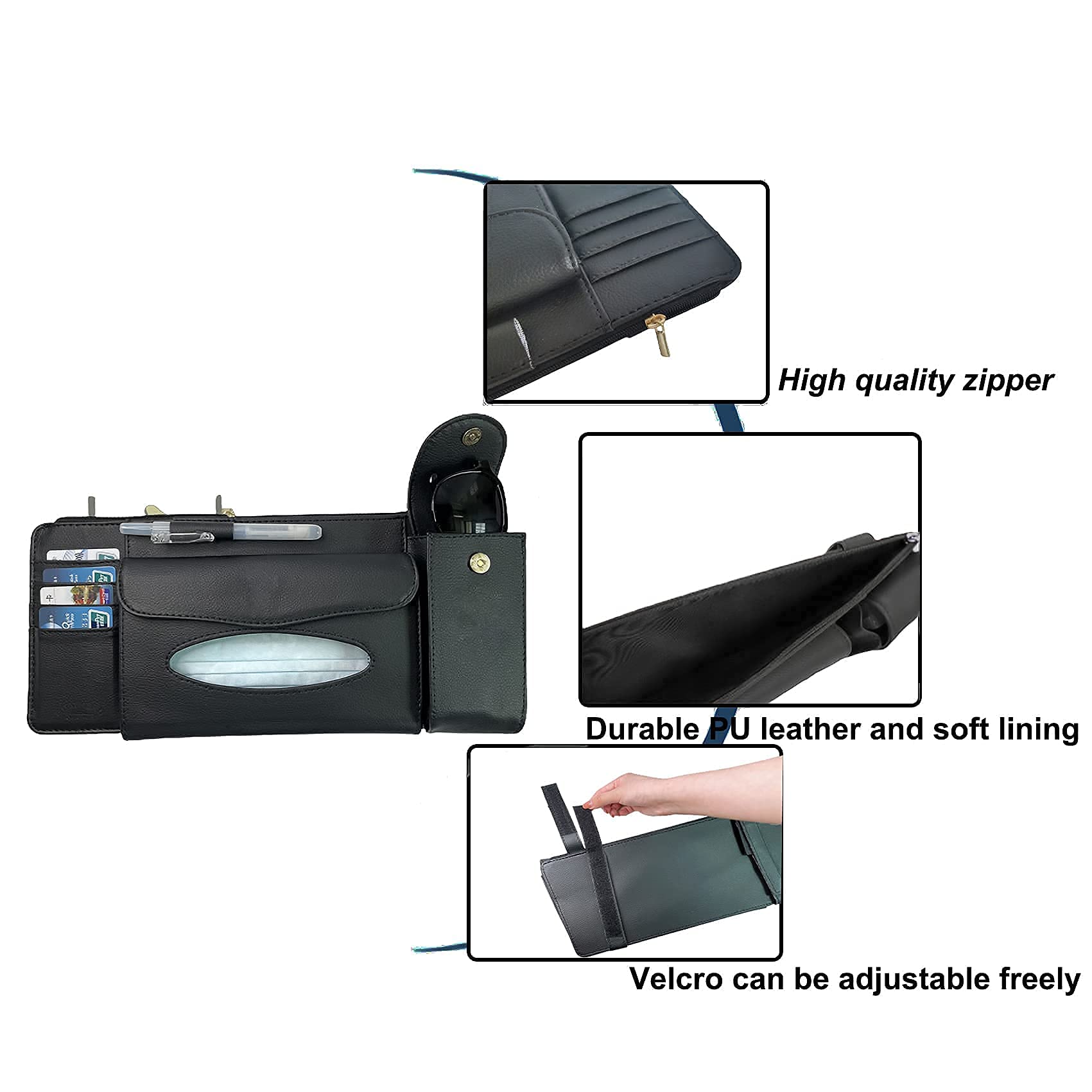 STHIRA Car Sun Visor Organizer for Storage with 35×16 cm Capacity and Dual Elastic Bands | PU Leather Black