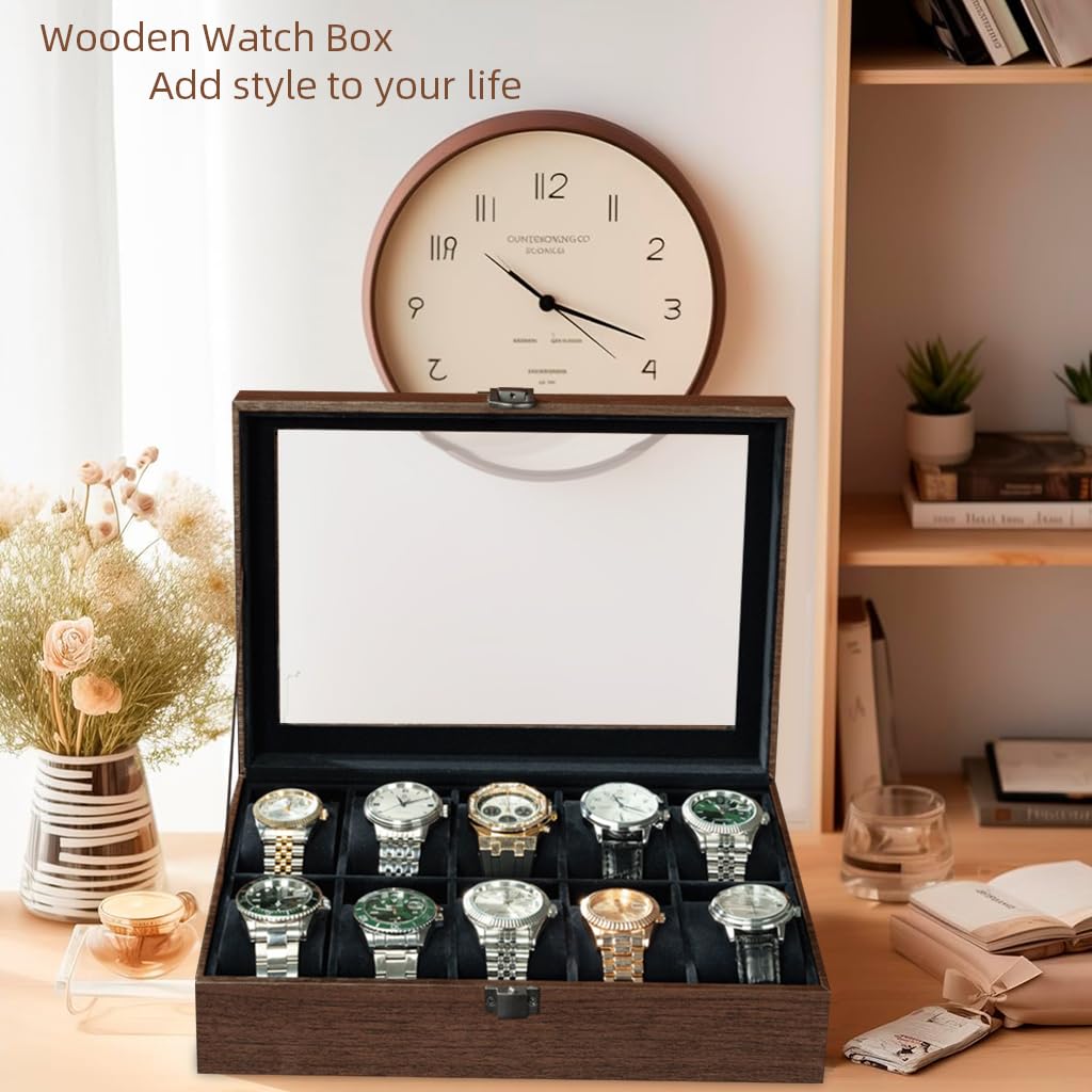 SANNIDHI Wrist Watch Organizer Box for 10 Watches with Clear Window and Velvet Liner | Wooden Display Holder 28.3x20.2x7.7cm