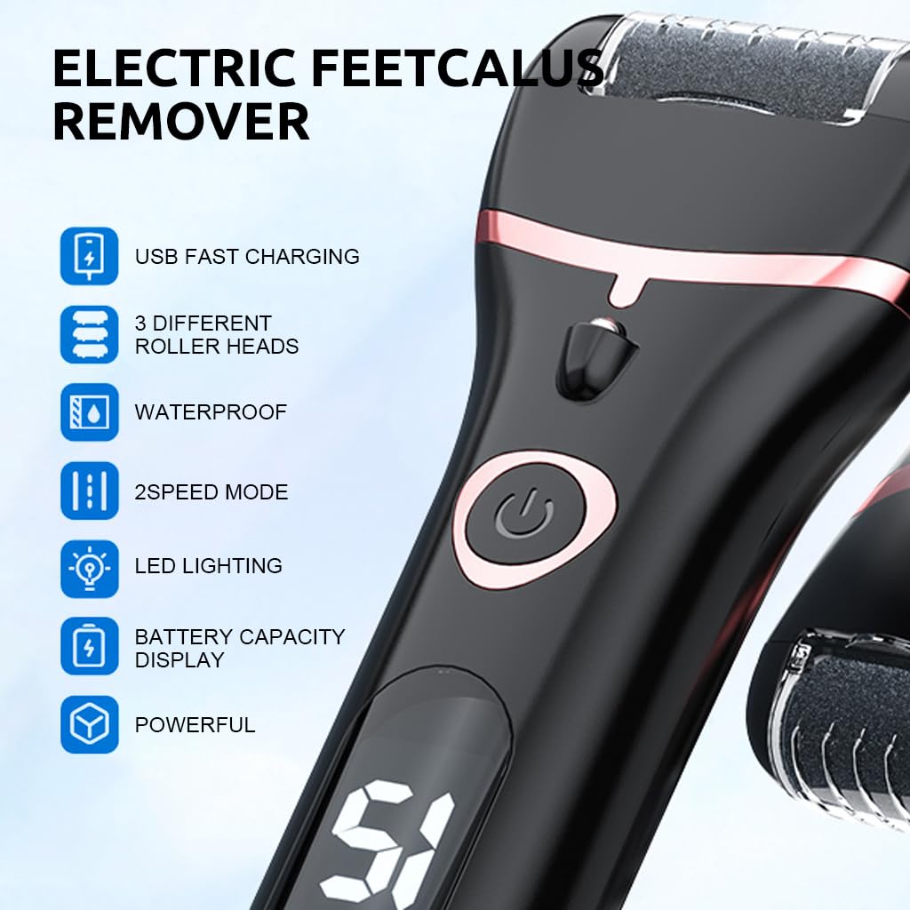 HANNEA Electric Callus Remover for Feet with 3 Grinding Heads and LCD Display | 2 Speed Rechargeable Pedicure Tool